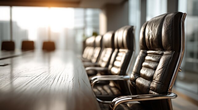 A sleek conference room featuring a long wooden table and stylish black leather chairs, illuminated by soft natural light from large windows.