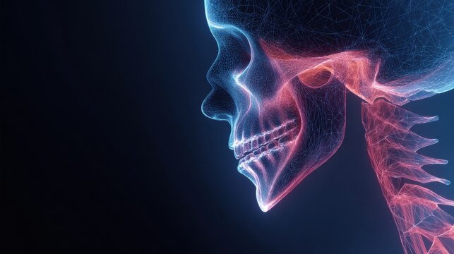 Abstract 3D Representation of Facial Curves and Bone Structure Highlighting Medical Details and Glowing Effects - Powered by Adobe