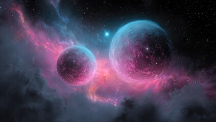 Pink & blue nebula planets cosmic space fantasy art