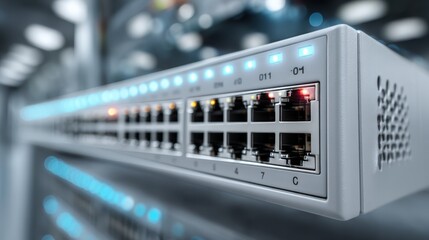 A close-up view of a network switch with illuminated ports, showcasing a modern data center environment.