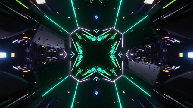 Neon-Lit Motion, Futuristic Tunnel, Sci-Fi Interior, Abstract Digital Art, Cyberpunk Environment, Symmetrical View, Technology Concept