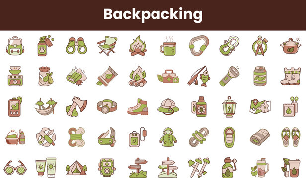A collection of colorful backpacking icons featuring camping gear, cookware, and outdoor essentials, ideal for adventurous spirits and nature enthusiasts.