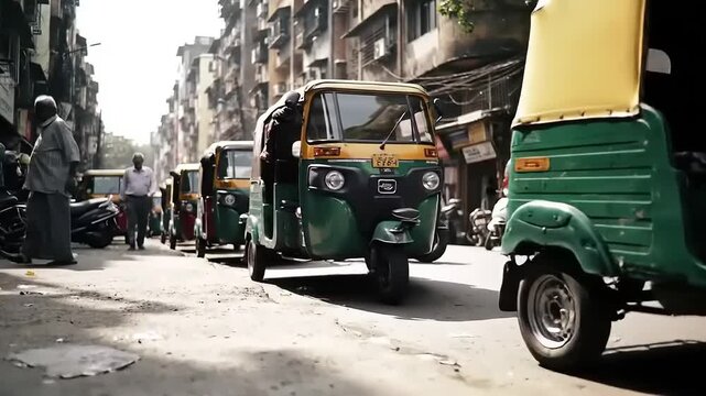 Mumbai street with auto rickshaws, and India.