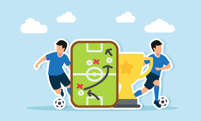 Two football  players playing football near a strategy board and trophy illustration of successful tactics in winning a football competition or league