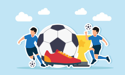 Two football players playing football near a giant ball shoe and trophy illustration of successful strategy tactics in winning a football competition or league