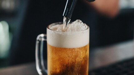 bartender pouring cold beer into tall frosted mug at lively bar