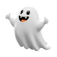 Illustration of a friendly cartoon ghost with a cheerful expression gives two thumbs up on a transparent background