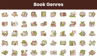 A diverse collection of icons representing various book genres, featuring illustrations of books, plants, and other thematic elements in soft colors.