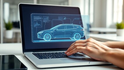 A close-up, high-quality photo of an automotive engineer developing a car using a laptop with a futuristic holographic interface for vehicle design.