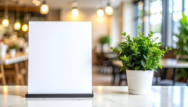 Blank menu stands, plants, white counter. Suitable for restaurant, cafe, food blog, foodrelated designs, signage, digital marketing, social media.