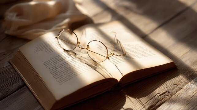 Open book with vintage glasses on a wooden surface.
