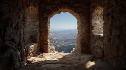 A view through an ancient stone archway, revealing a vast landscape of rolling hills and blue skies beyond.