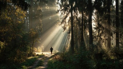 Runner in sunlit forest path, autumn morning, tranquil background, nature escape
