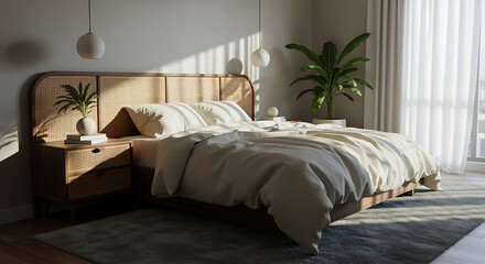 Elegant bedroom with natural light and rattan accents invites relaxation and restful sleep within a cozy space