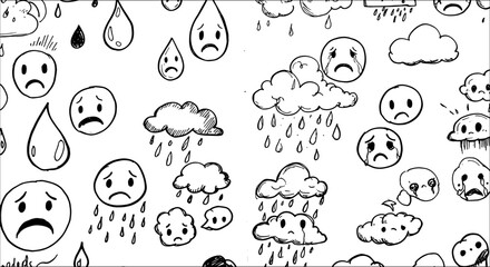 Hand-drawn black and white doodle art depicting various sad and crying emojis, along with rain clouds and raindrops, creating a seamless pattern of melancholy and sorrow.