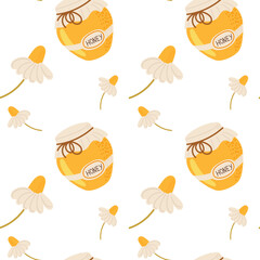 Patterns of honey jars and flowers create a cheerful design for various uses