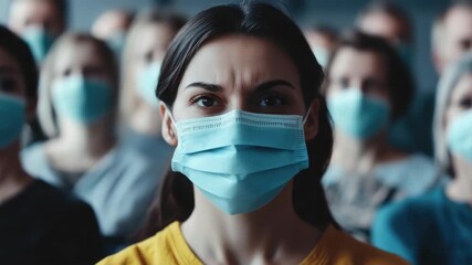 A female figure in a crowd wearing a surgical mask
