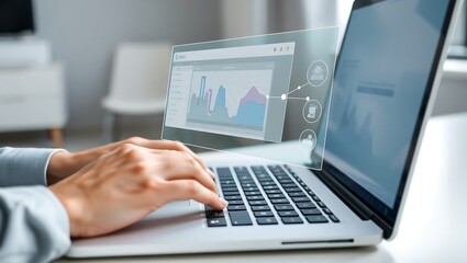 A close-up of a business person's hands typing on a laptop, interacting with a futuristic virtual screen displaying data analytics dashboards and financial charts.