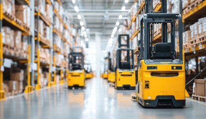Warehouse aisle with yellow forklifts