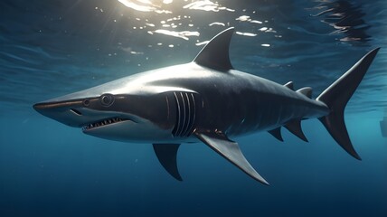 Fototapeta premium robotic fish shark under the sea with a sleek metallic design.