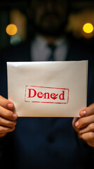 man in suit holding an envelope with a red denied stamp, symbolizing rejection or refusal in business isolated on a transparent background