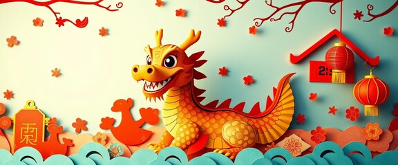 Obraz premium Adorable cartoon dragon amidst vibrant paper cut-outs, auspicious Chinese New Year background, holiday, asian