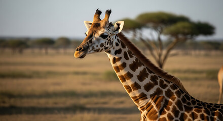 Obraz premium Majestic Giraffe Standing Tall in the Golden Light of an African Savannah Sunset