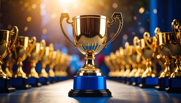 Many gold trophies on blue bases in rows, ideal for sports competitions, business achievements, or academic awards, showcasing success.