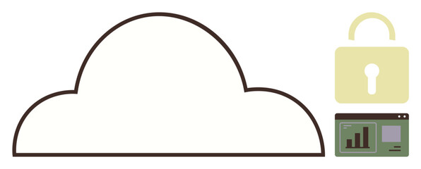 Cloud outline paired with secure lock and analytic dashboard display. Ideal for storage, security, data management, analytics, cloud-based apps, cybersecurity, and digital privacy simple flat