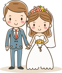 Cartoon illustration of a happy couple in wedding attire, holding hands.