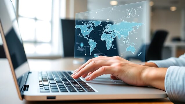 A professional's hands typing on a laptop, interacting with a futuristic holographic world map projection for global business.