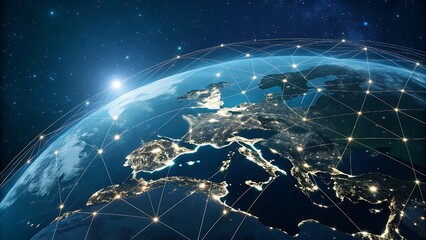 Global Network Connecting Europe with City Lights from Space View