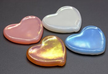 Four heart-shaped, polished, iridescent stones in pastel colors