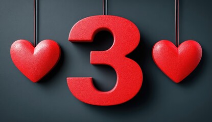Red number 3 flanked by hearts