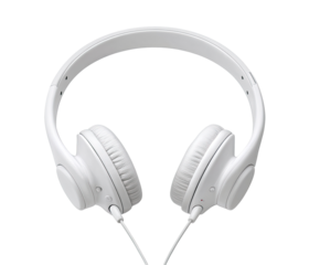 White over-ear headphones, top view.  Sleek, simple design.  Rounded earcups and headband.  Thin cord