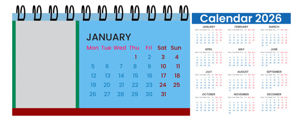 Calendar 2026 design with full 12 month layout for business and events. Includes weekly schedule and monthly deadlines. Stay on track and organized through each season. Editable font in calendar