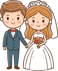 A happy newlywed couple poses together, the groom in a suit and the bride in a flowing wedding gown, holding a bouquet.