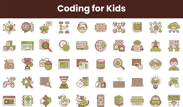 A colorful, playful set of illustrations focused on coding concepts designed for kids, featuring robots, trophies, and various tech-related icons.