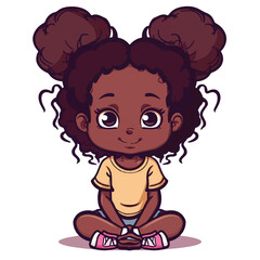 Fototapeta premium Cheerful Cartoon Girl with Dark Curly Hair in Topknots