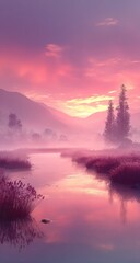 Misty, pink sunrise over a tranquil river valley