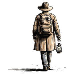 Obraz premium Illustration of Explorer Walking with Lantern and Backpack in Vintage Style adventure