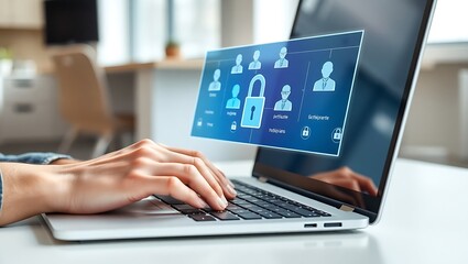 Cybersecurity expert managing user authentication and data protection on a laptop with a futuristic virtual interface.