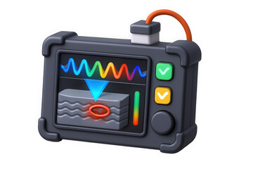 A colorful, futuristic device displaying waveforms and graphics, conveying a sense of advanced technology and data analysis.