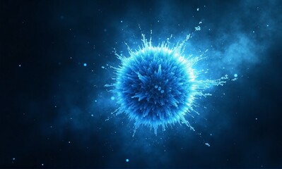 Fototapeta premium A vibrant blue sphere, resembling a microscopic organism, explodes with energy, radiating light and particles against a dark backdrop. Its intricate surface details suggest complexity and power.