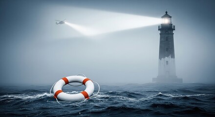 Naklejka premium Lighthouse beam and helicopter spotlight pierce dense fog over a rough sea with a lifebuoy