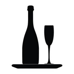 Black and white champagne bottle and glass vector illustration for celebration design element and party invitation