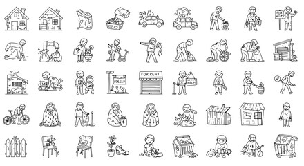 Hand-drawn icons depicting poverty, homelessness, and social issues: struggling people, dilapidated homes, begging, hunger, and urban destitution illustrations.