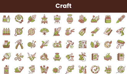 A colorful collection of creative craft icons featuring tools, materials, and art supplies in various styles, showcasing a vibrant artistic vibe.