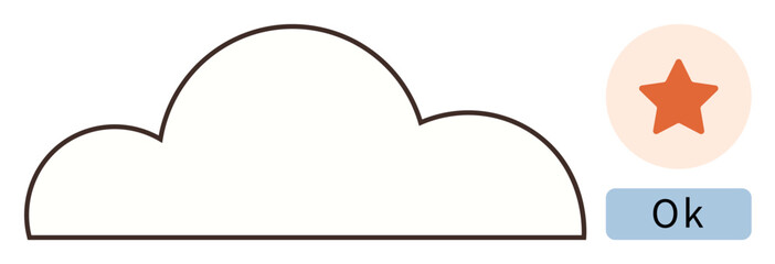 Cloud outline paired with an orange star in a circle and Ok label. Ideal for weather, feedback, evaluation, success recognition, user interface, approval, goal achievement. A simple flat metaphor