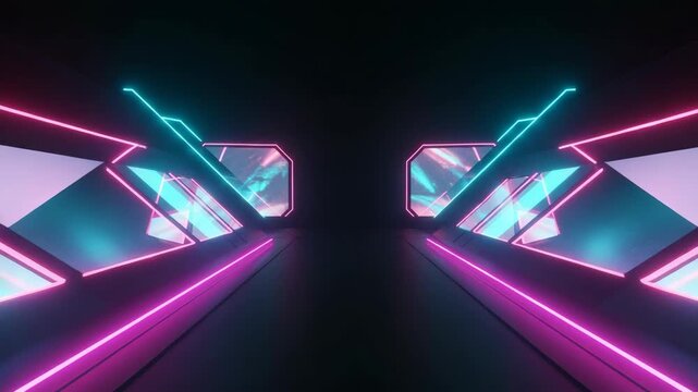 Neon Light Tunnel, Futuristic Corridor, Digital Art, Sci-Fi Environment, Symmetrical Viewpoint, Cyberpunk Concept